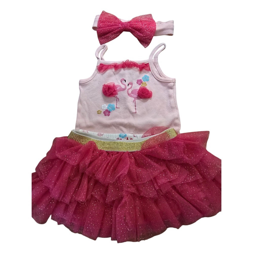 Baby Starters Pink Flamingo 4pc Outfit Set Tutu Bloomers Headband 6 Months